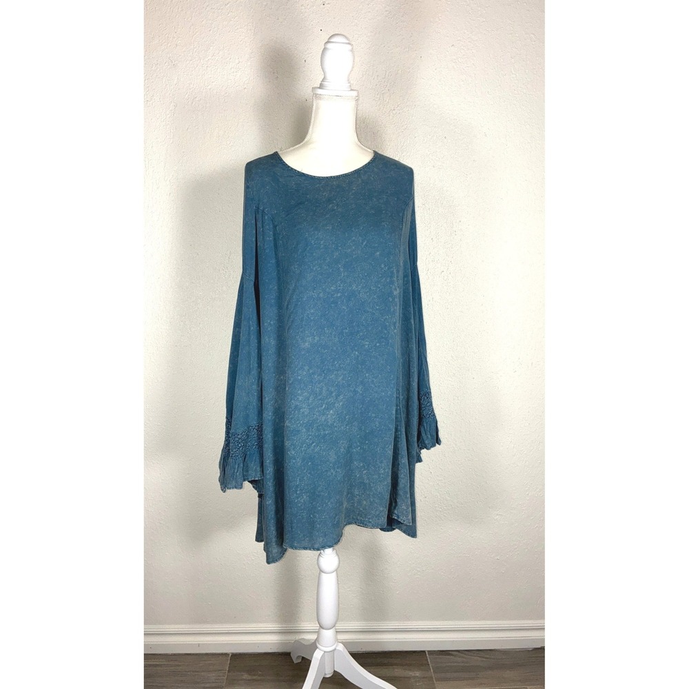 Blue Acid Wash Bell Sleeve Tunic Top Crochet Lace Ruffle Boho Mini Dress‎
